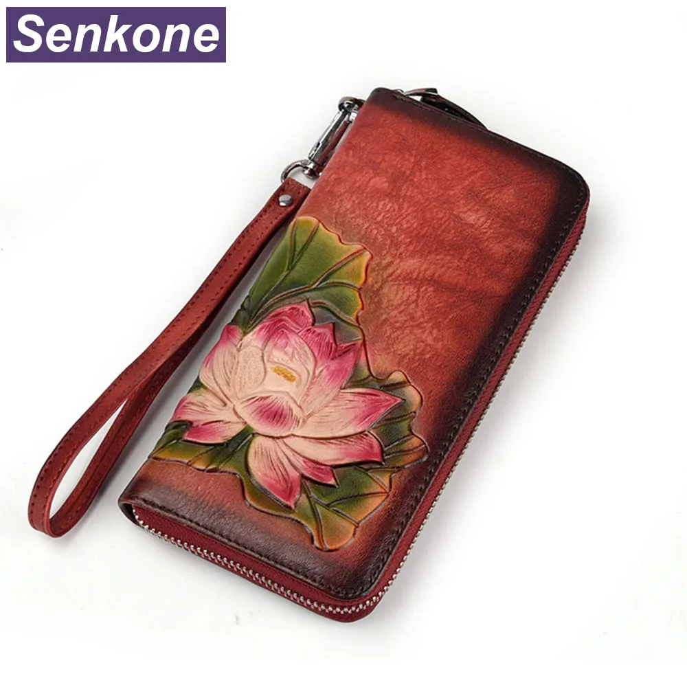 Vintage Women Wallet Genuine Leather Luxury Long Clutch Wristlet Printing Floral Female Card Holder Embossing Purse | Багаж и сумки