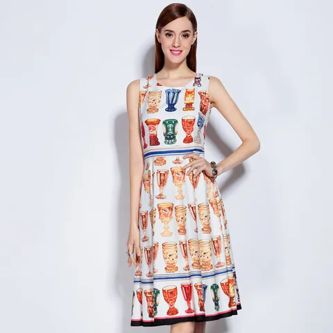 Женское платье с круглым вырезом, элегантное платье без рукавов с разноцветным принтом, весна-лето 2023