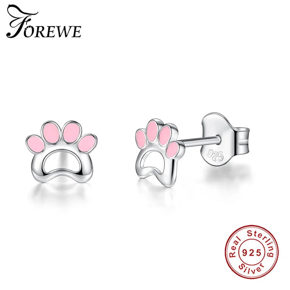FOREWE Authentic 925 Sterling Silver Cute Earrings Pink Enamel Cat Footprints Stud for Women Girls Kids Fashion Jewelry | Украшения и