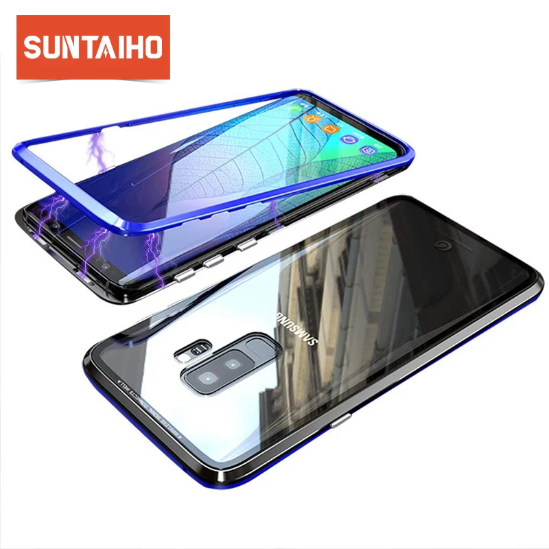 Suntaiho Ultra Magnetic Adsorption Phone Case For Samsung Galaxy S9 S8 S7 Note 8 Luxury Magnet Frame Back Glass Cover |