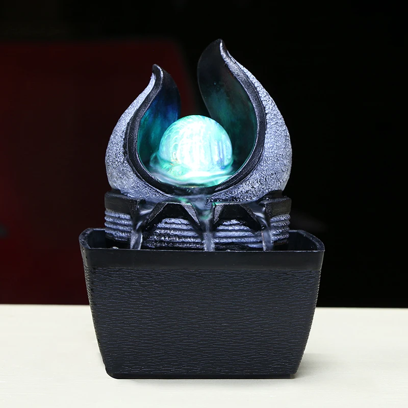 

110-240V Brief Resin Water Flowing Cycle Fountain Office LED Light Desktop Feng Shui Lucky Living Room Home Decor Creative Gift