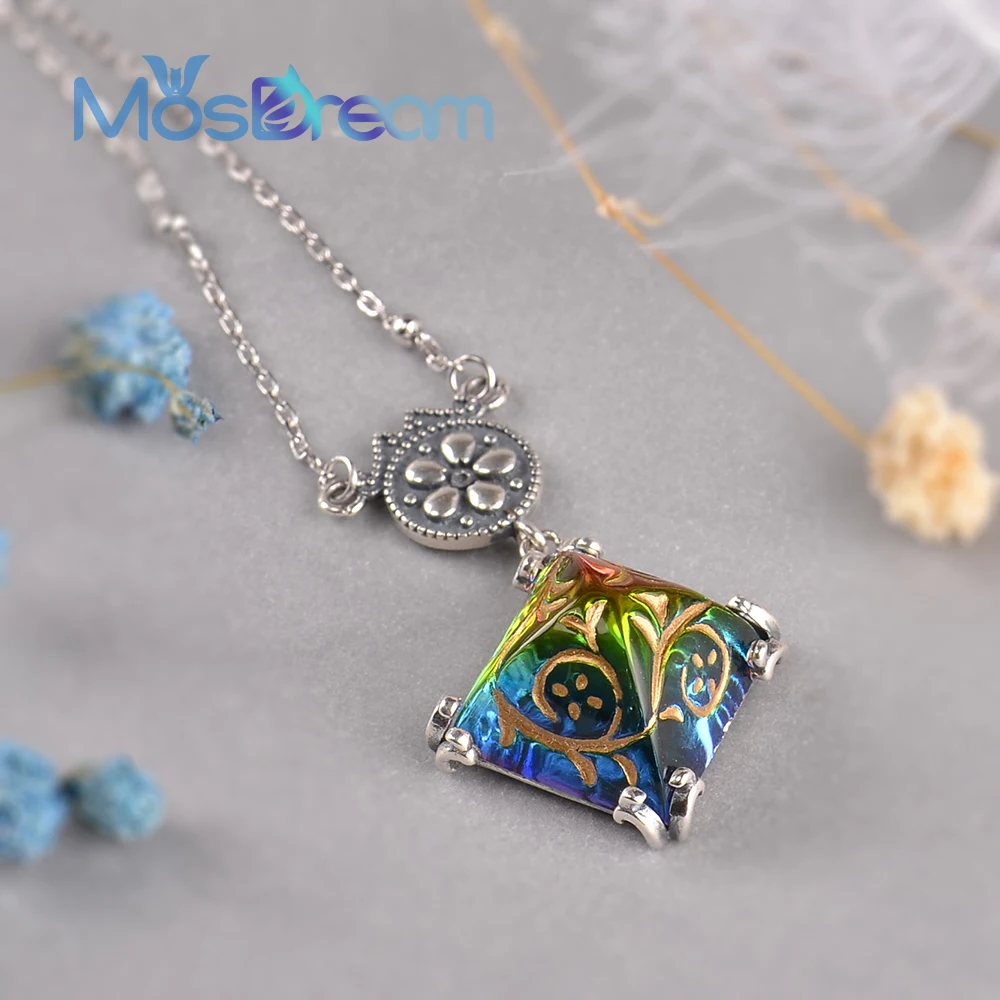 

ITSMOS Pyramid Cabochons Vitrail Engraved Pendant Necklace for women Western Antique s925 silver Necklace Romatic