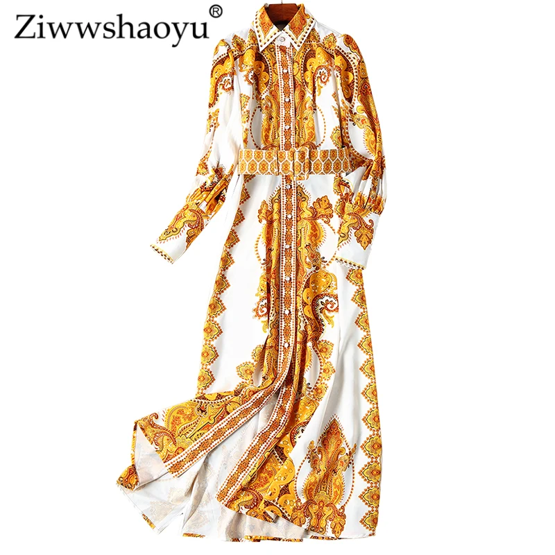 Ziwwshaoyu Lndie фолк печати Длинные платья урн-вниз воротник пояса однобортный темперамент Тонкий Вечерние платья новые женские
