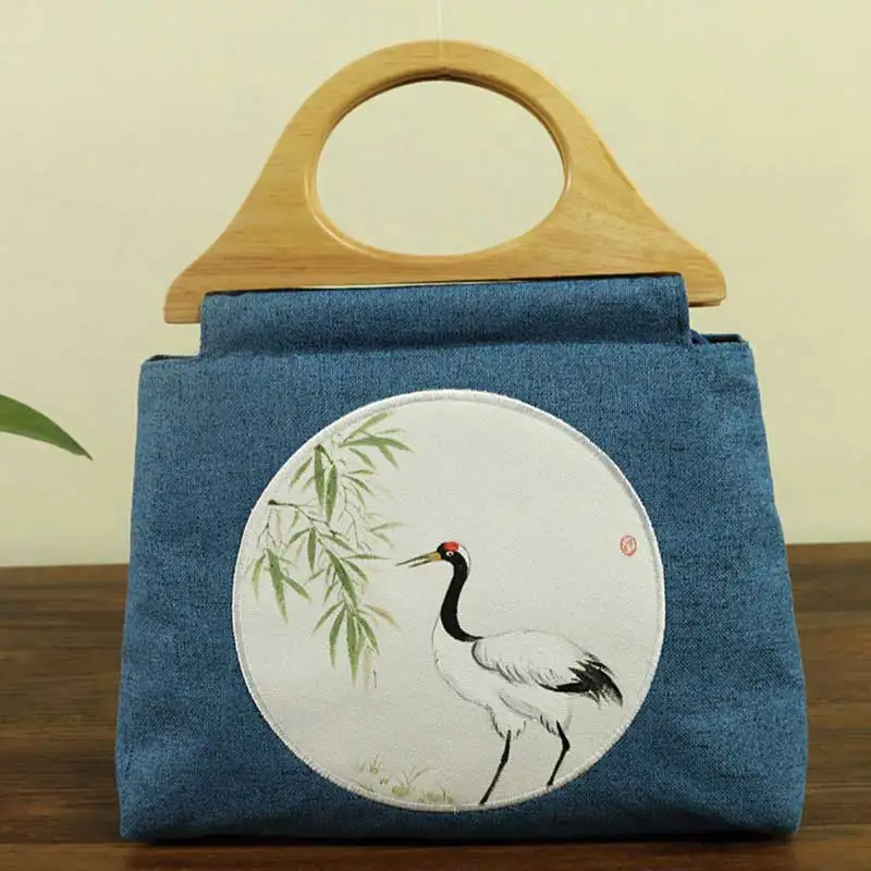 Veowalk Original Design Crane Hand Painting Women Canvas Tote Handbag Ladies Linen Cotton Shopping Bags with Belt Wooden Handle | Багаж и