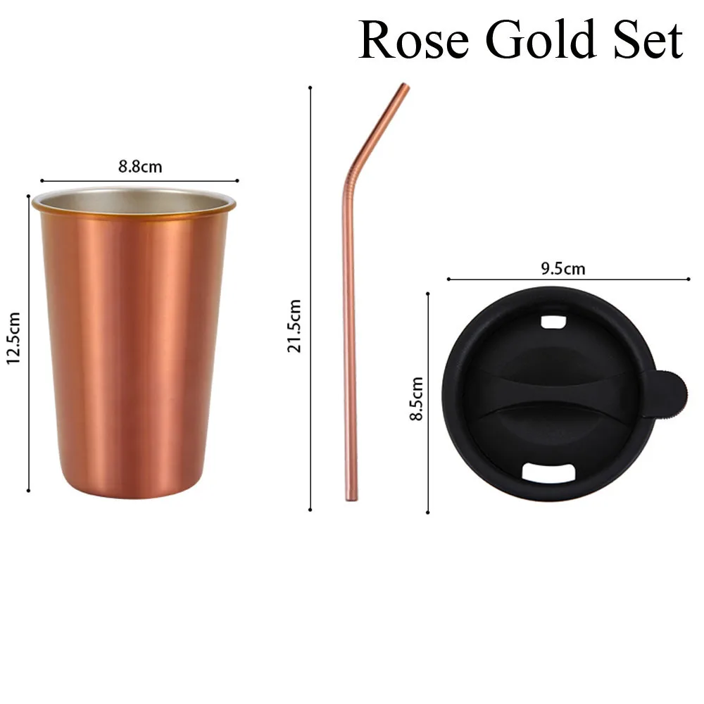 Rose Gold Set 500 мл металлические кофейные кружки из нержавеющей стали, многоразовые стаканчики с соломинкой, кружка для путешествий на открытом воздухе, для кемпинга, для питья, сока, чая, пива, вечерние стаканчики - Цвет: Rose Gold Set