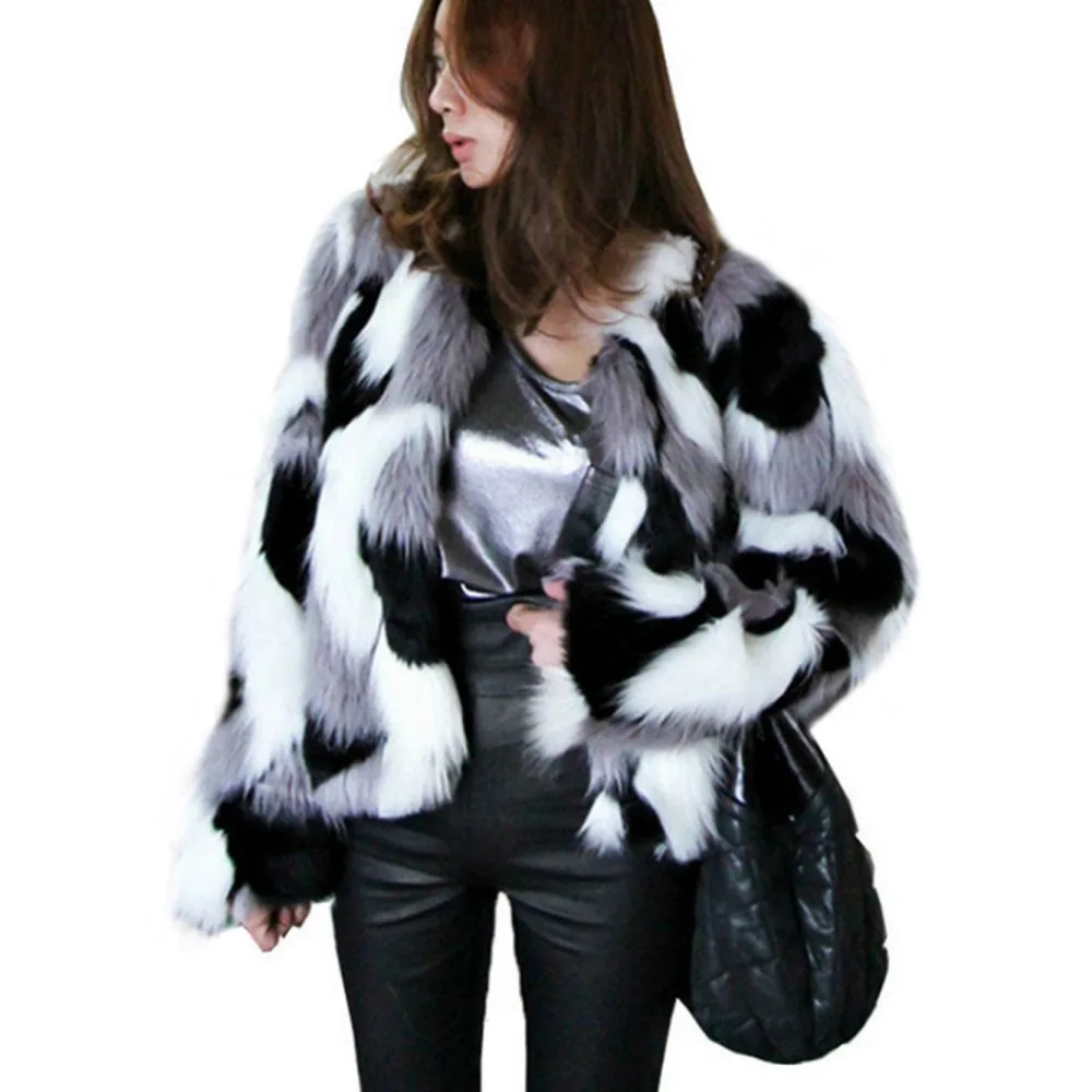 

2019 Fluffy Winter Casual Fur Jacket Elegant Shaggy Ladies Short Outwear Coats Plus Size S-6XL Women Mixed Color Faux Fur Coat