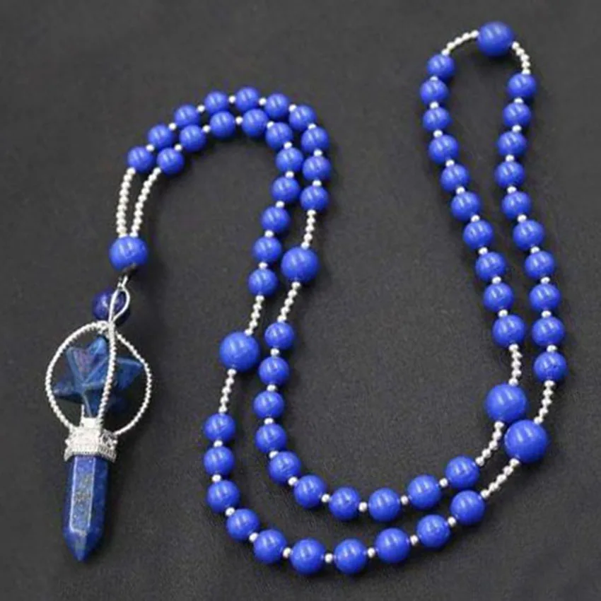 

100-Unique 1 Pcs Silver Plated Handmade Round Beads Chain Pendant Merkaba Symbol Necklace Lapis Lazuli Jewelry