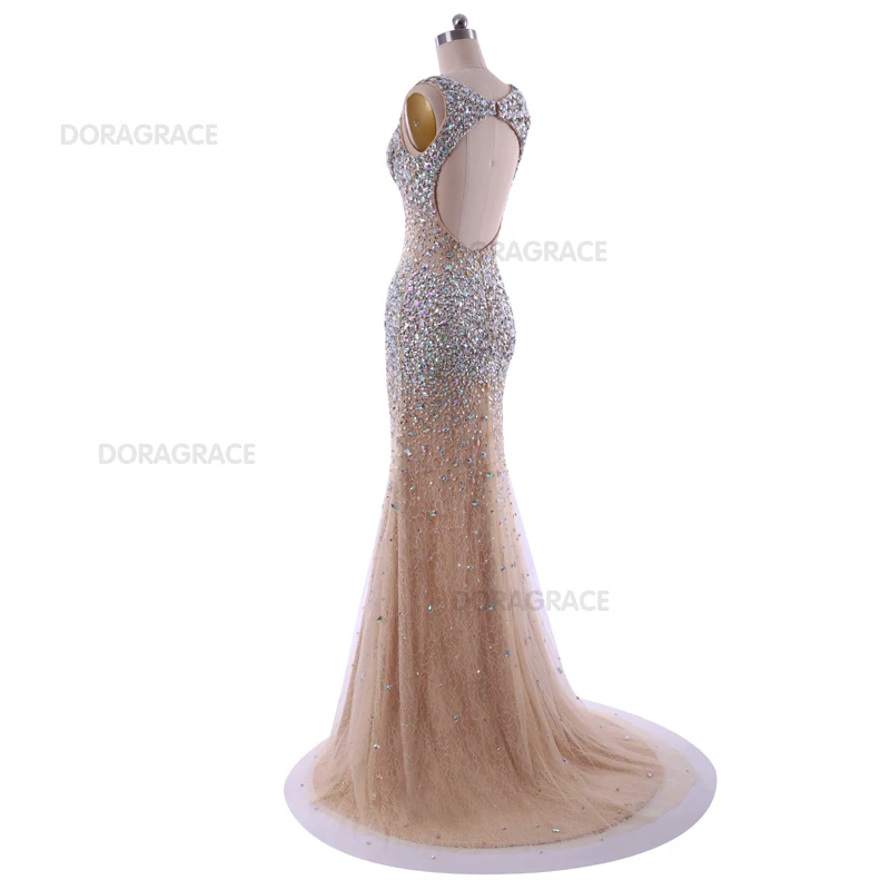 Doragrace Real Photo V Neck Side Split Open Back Evening Dresses Crystal Prom Gowns Beaded Mermaid Party | Свадьбы и торжества