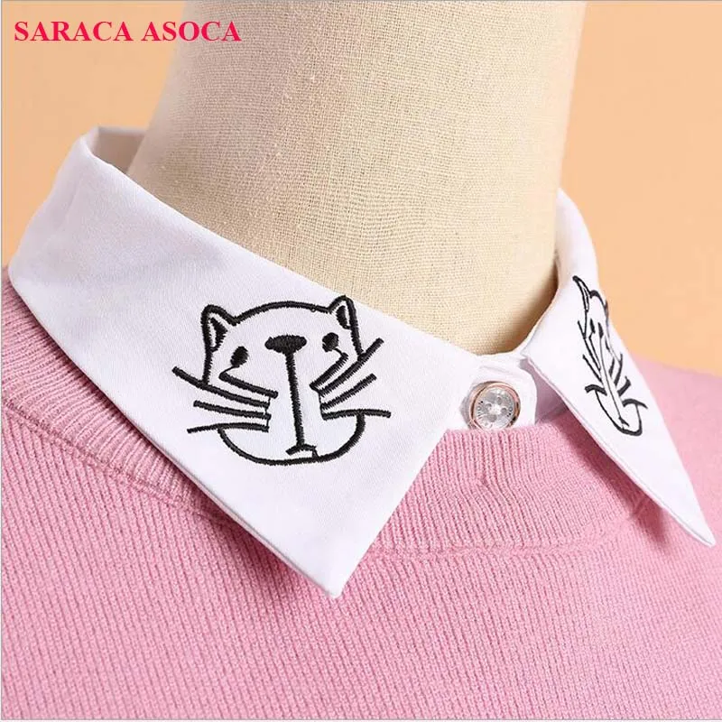 

Fashion Embroidery White Shirt Detachable Collars Women All-Macth Sweater Print Cat Fake Collar For Girls B159