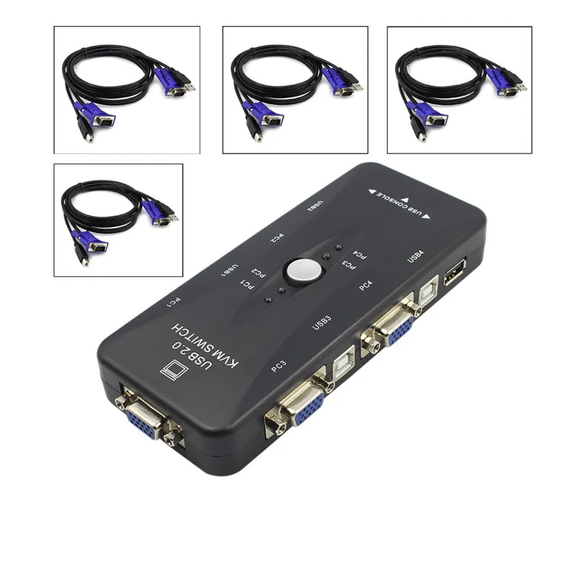 Binmer Switches New 4-Port USB 2.0 KVM Switch Mouse/Keyboard/VGA Video Monitor 200MHz 1920x1440 td0517 dropship | Компьютеры и офис