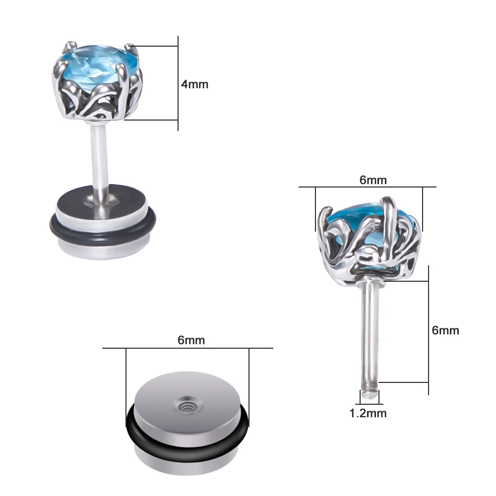 Серьги-гвоздики женские/мужские круглые из нержавеющей стали с голубым цирконом