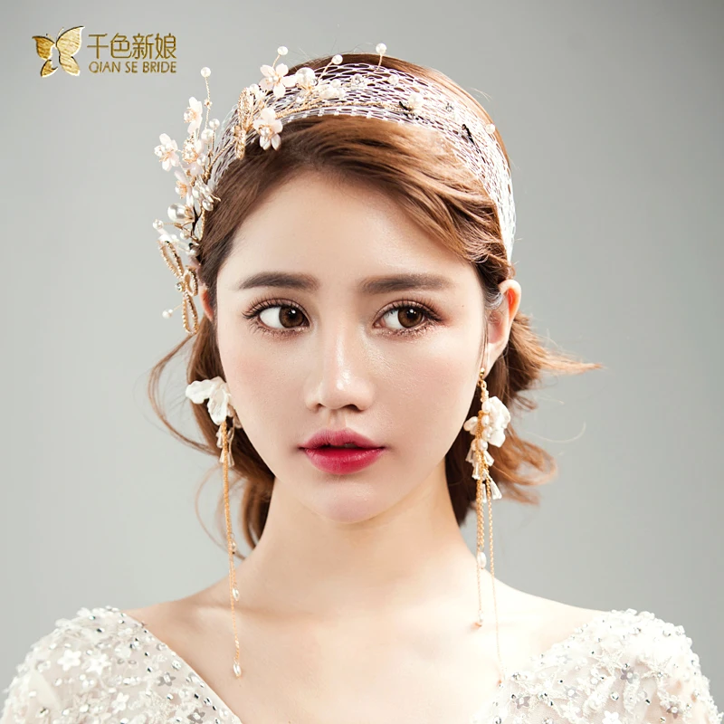 Fashion flower headband women crystal hairband pearl hair jewelry bride headpiece earring fascinator wedding accessory zijing | Украшения и