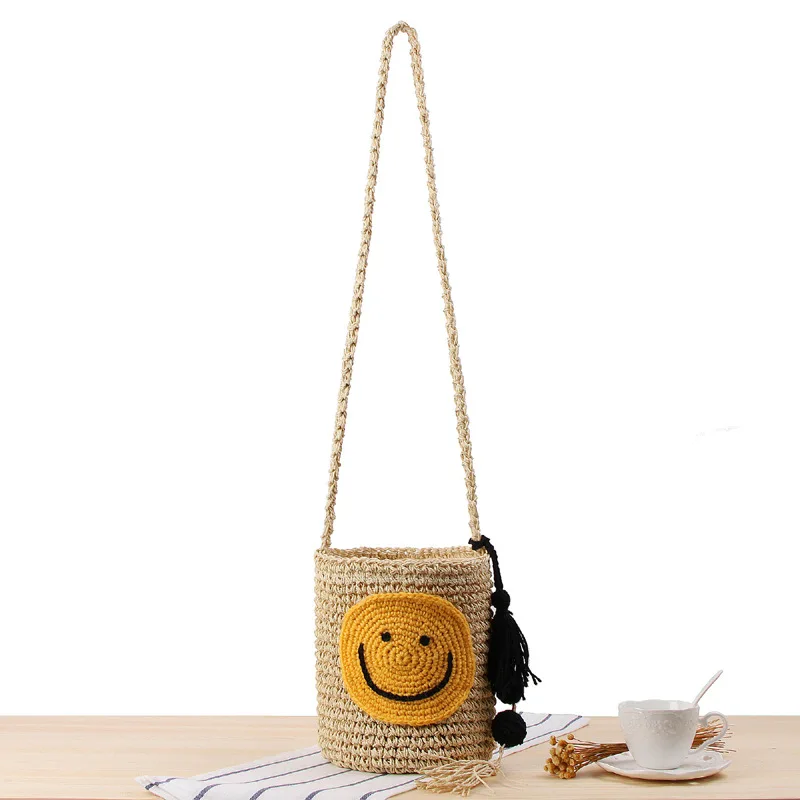 she said/ins 2018 Fashion New Deign Summer Beach Bag Straw Handmade Shoulder Smile Face Tassel Ball Crossbody | Багаж и сумки