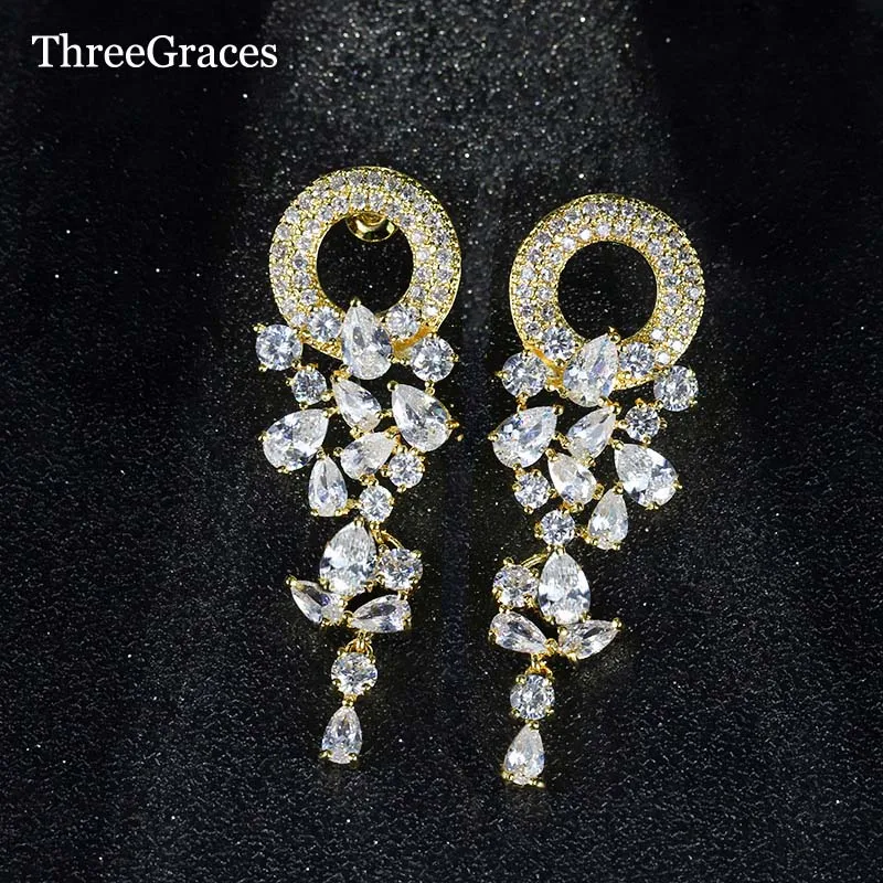Женские серьги капельки ThreeGraces в виде круглых и длинных листов с фианитом