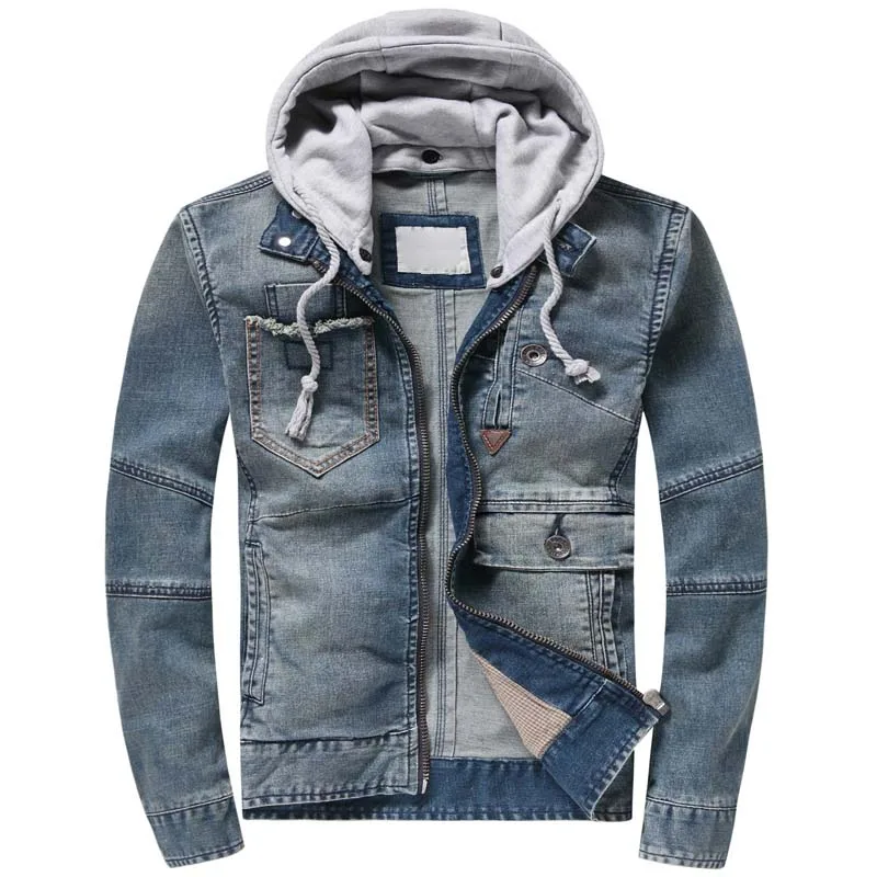 Джинсовая куртка мужская с капюшоном хлопок деним приталенная эластичная