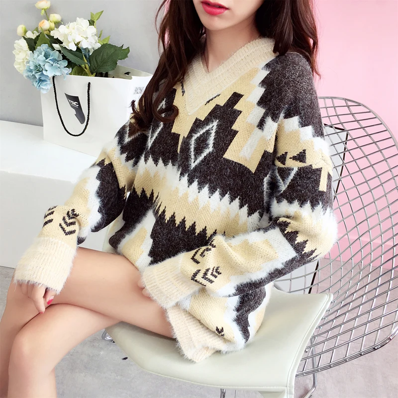 P Ammy 2018 Autumn Winter Mid-length loose Print Sweater Fashion Large size long section V-Neck Mohair Pullovers | Женская одежда