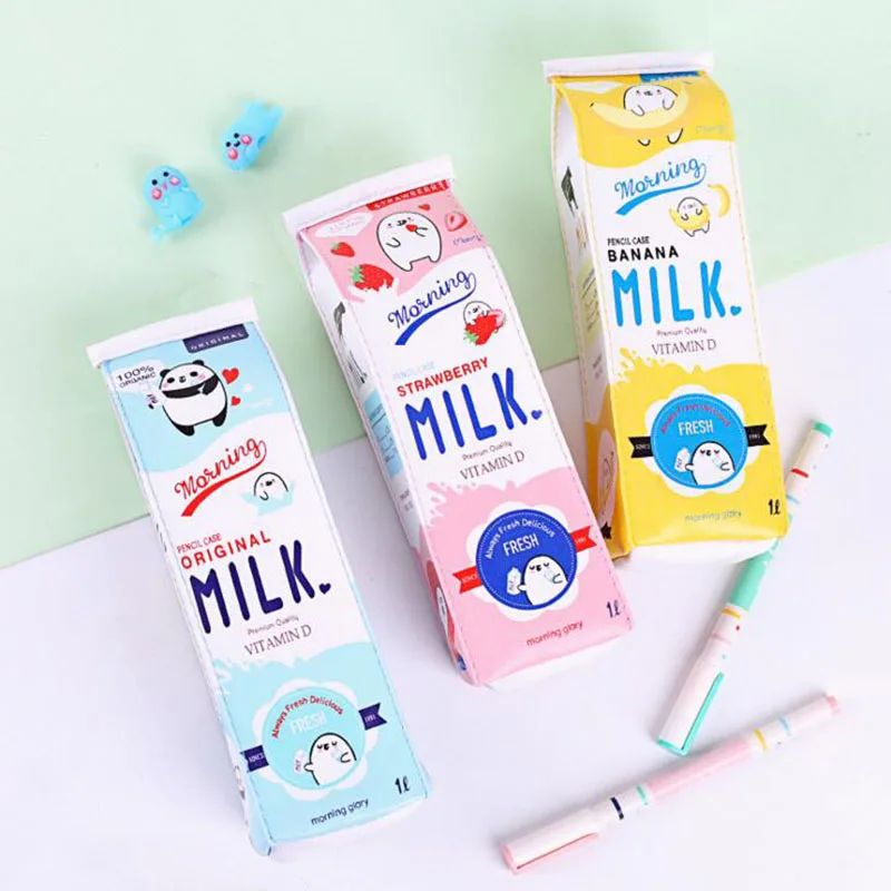 Kawaii Creative Fruit Milk Carton Design Pencil Case  PU Waterproof School Supply Student Stationery Big Storage Kids Gift