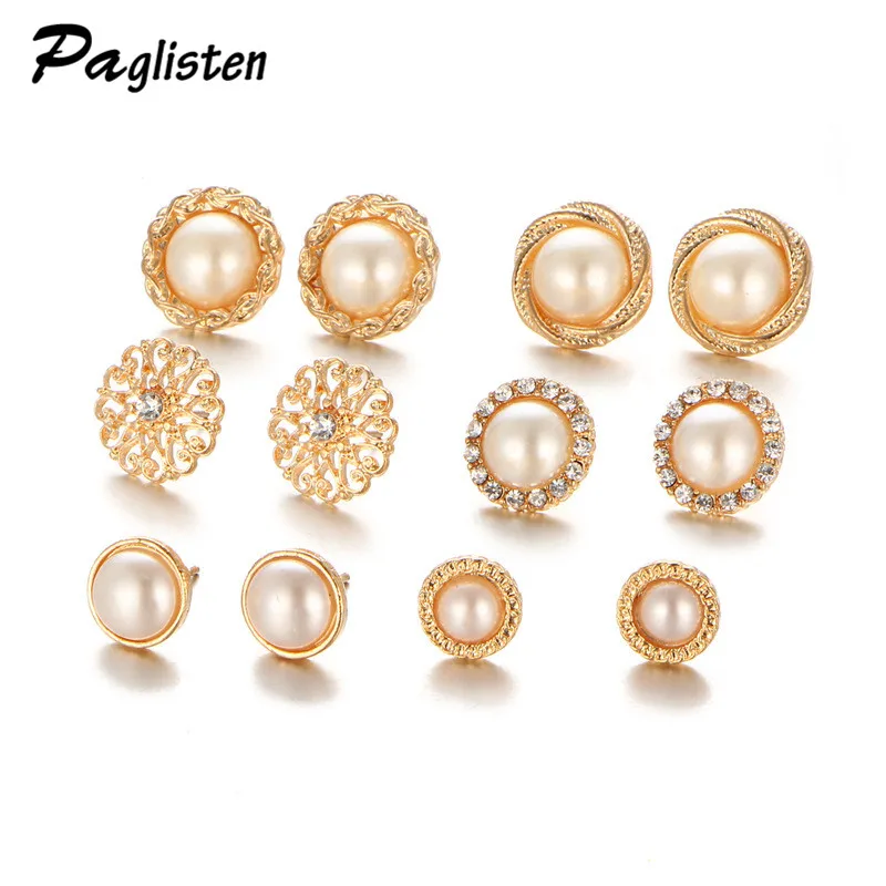 

6 pairs sets round flower simulation pearl Ball Alloy Crystal Stud Earrings For Women Hot-selling Cute Earring Sets