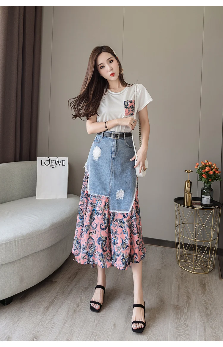 Trytree Summer Women two piece set Casual O-Neck Tops+ Skirt Demin Patchwork Print Hem Belt Pocket Suit Office Lady 2 Piece Set
