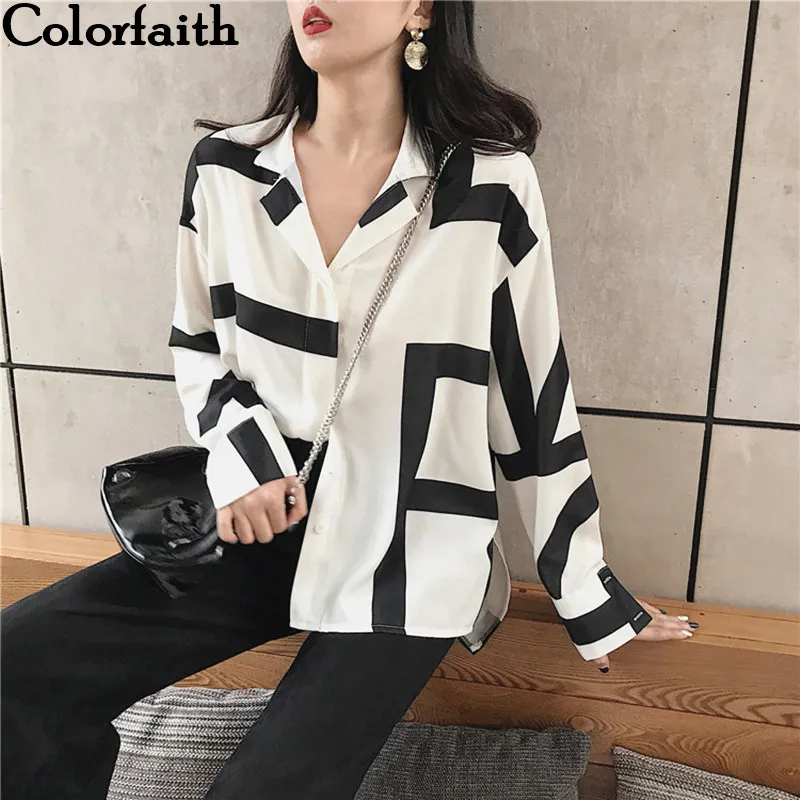 Colorfaith New Women Blouses Shirts 2020 Spring Summer Vintage Lady Fashion Striped Printed Buttons Checkered Tops shirt BL3525 | Женская