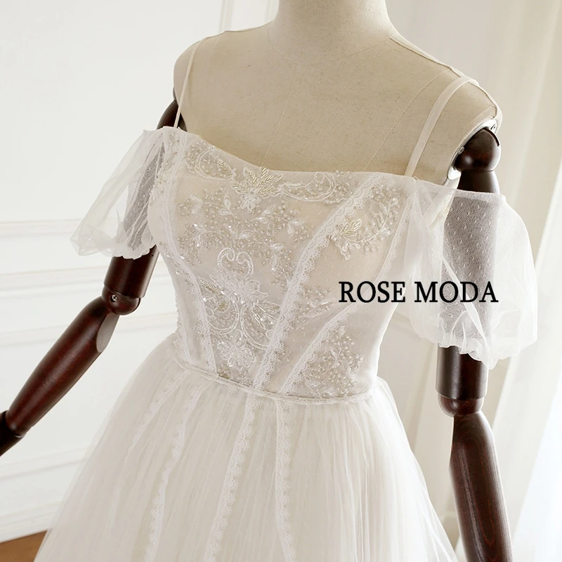 

Rose Moda Sexy Boat Neck Wedding Dress Beach Short Sleeves Lace Wedding Dresses Boho Real Photos
