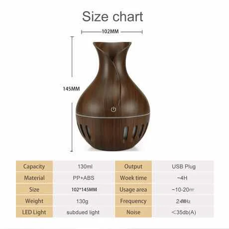 

130ml wood grain ultrasonic humidifier, ultra-quiet car home hydration purification portable USB aromatherapy oil diffuser 130ml