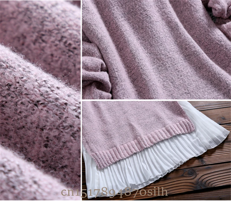 

2019 Spring Autumn Women Midi Dress Round Neck Knitted Chiffon Patchwork Sweater Dress Casual Elegant Long Sleeve Split Dresses