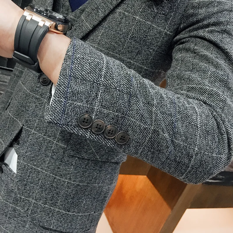 

Costume Hommes Du Mariages Trois Pieces Male Slim Fit Plaid Suit Sets Gray Casual Wedding Groomsman Dress