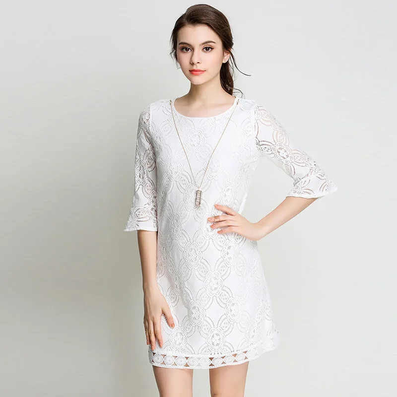 2017 Для женщин летние Кружево платье Мода белый Половина рукава Онлайн
