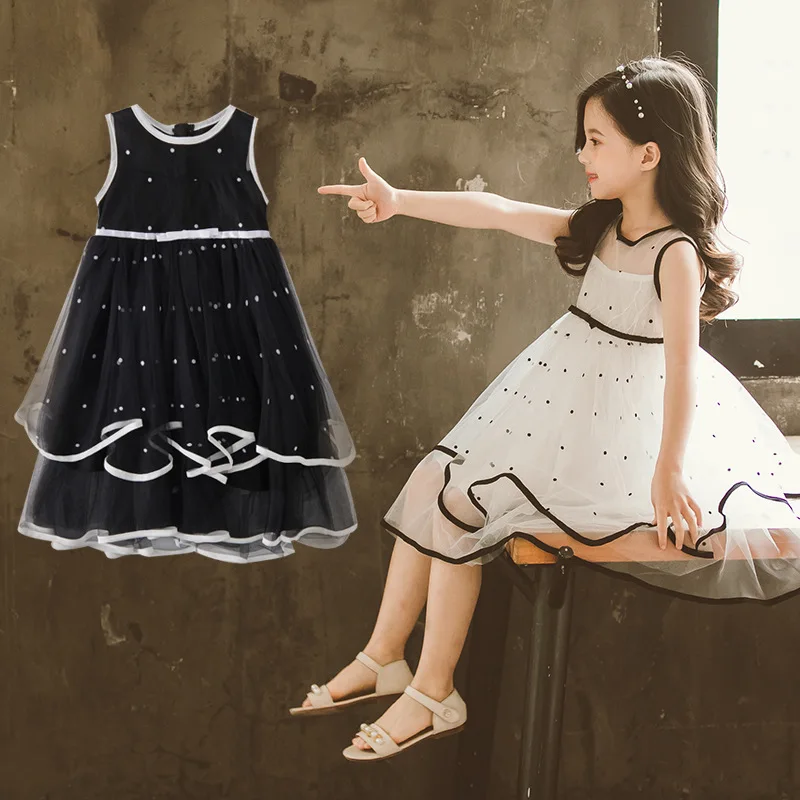 black vintage gown age for 3 - 12 yrs little girls ruffle lace tulle dot long dress princess prom summer kids sleeveless frocks | Детская