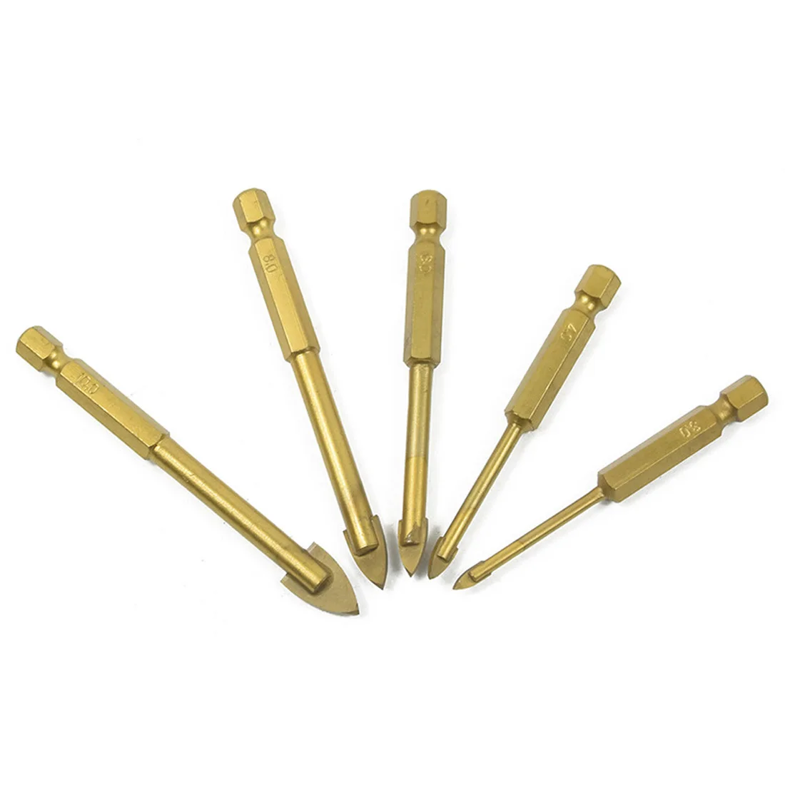 

5pcs Titanium Coated Glass Drill Bit Set 3mm 4mm 6mm 8mm 10mm With 1/4"Hex Shank Glass Hole Opener Cutter Ceramic Tiles Marble
