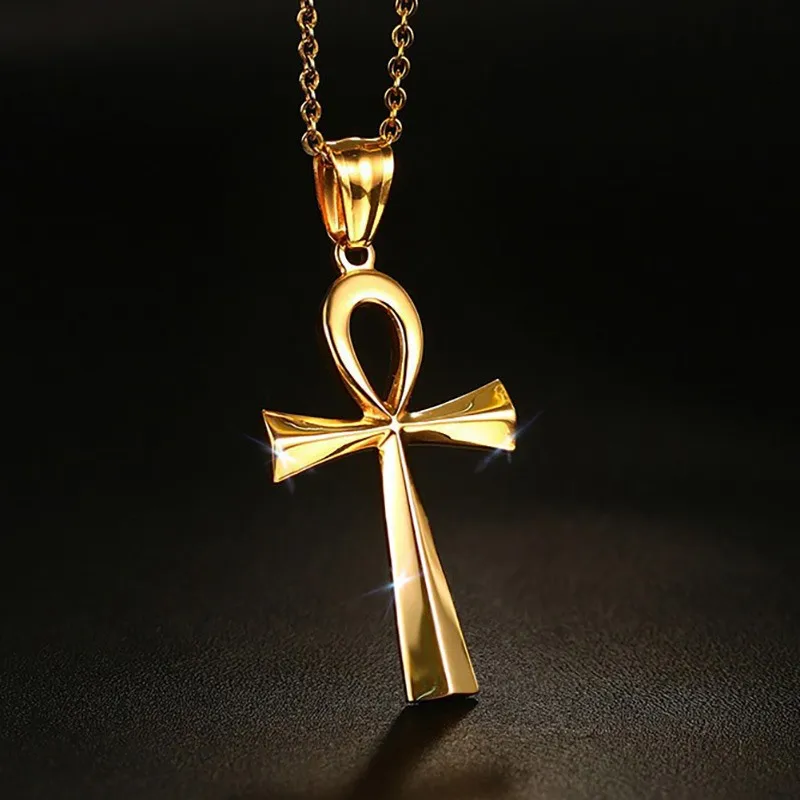 

Mystic Egyptian ANKH Cross Charm Pendant Necklace for Woman Golden Stainless Steel Egypt Jewelry Great Gift 20inch
