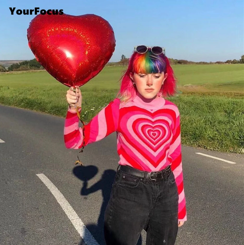 Sweet cute kawaii streetwear gradient pink heart kaleidoscope sweater women knitting pullovers | Женская одежда