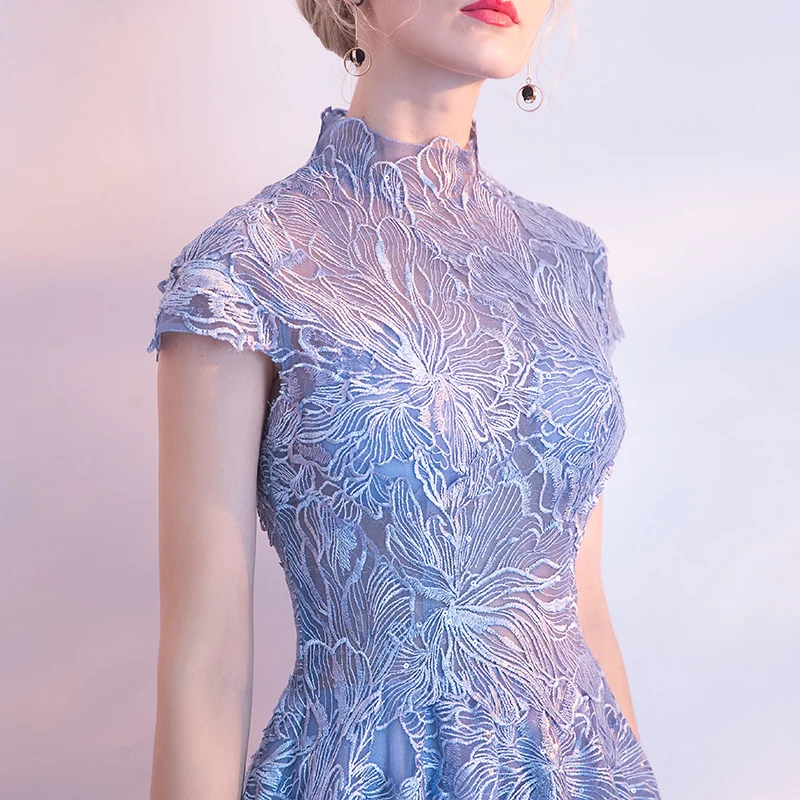 SSYFashion/Новое кружевное вечернее платье элегантное с высоким воротом серое синее