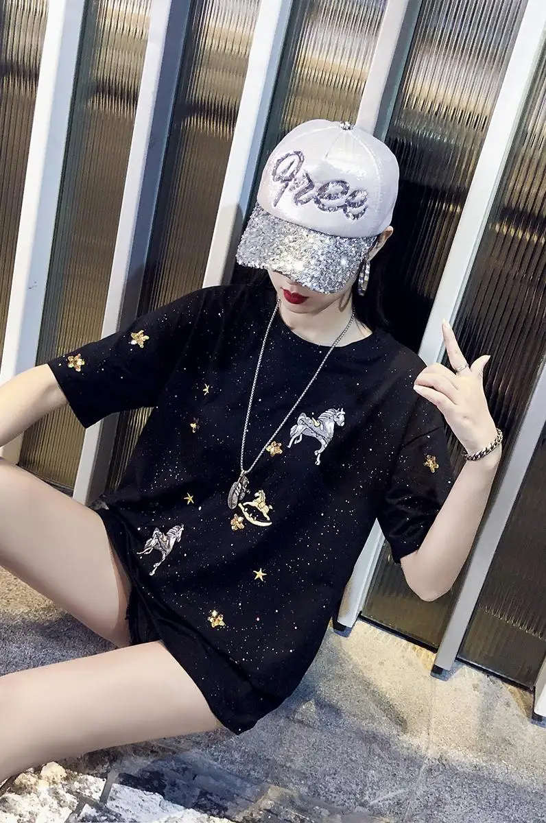 Новые дизайнерские блестящие футболки Harajuku с блестками и звездами цвет черный