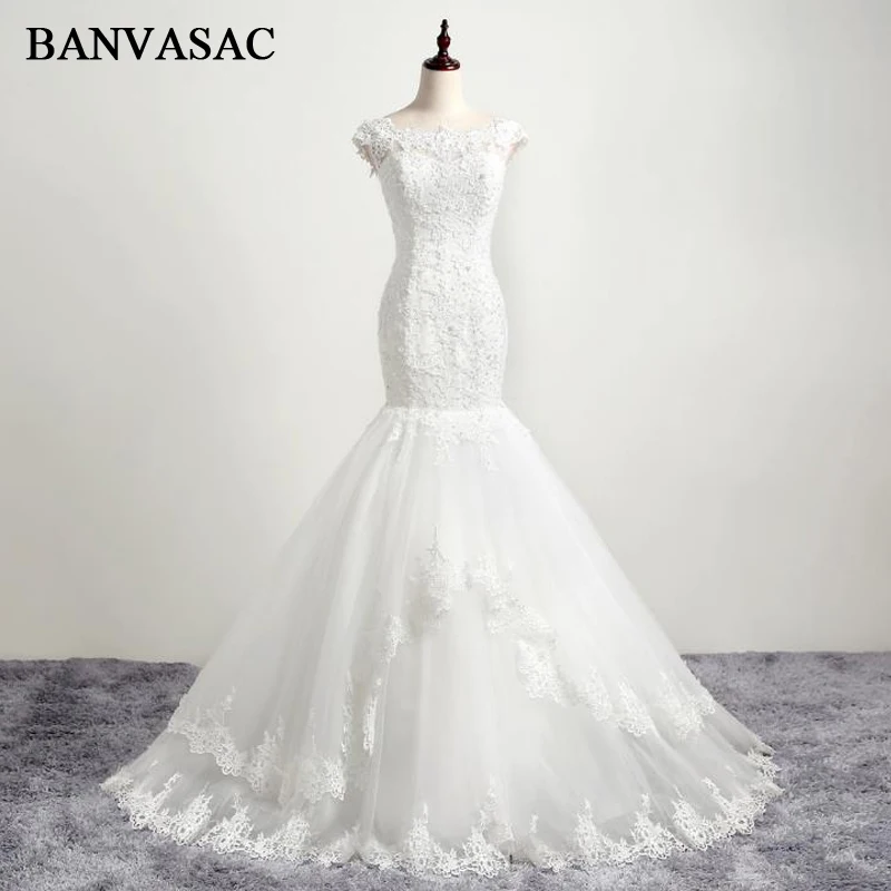 

BANVASAC 2017 New Mermaid Elegant Embroidery Boat Neck Wedding Dresses Sleeveless Beadings Satin Lace Bridal Gowns