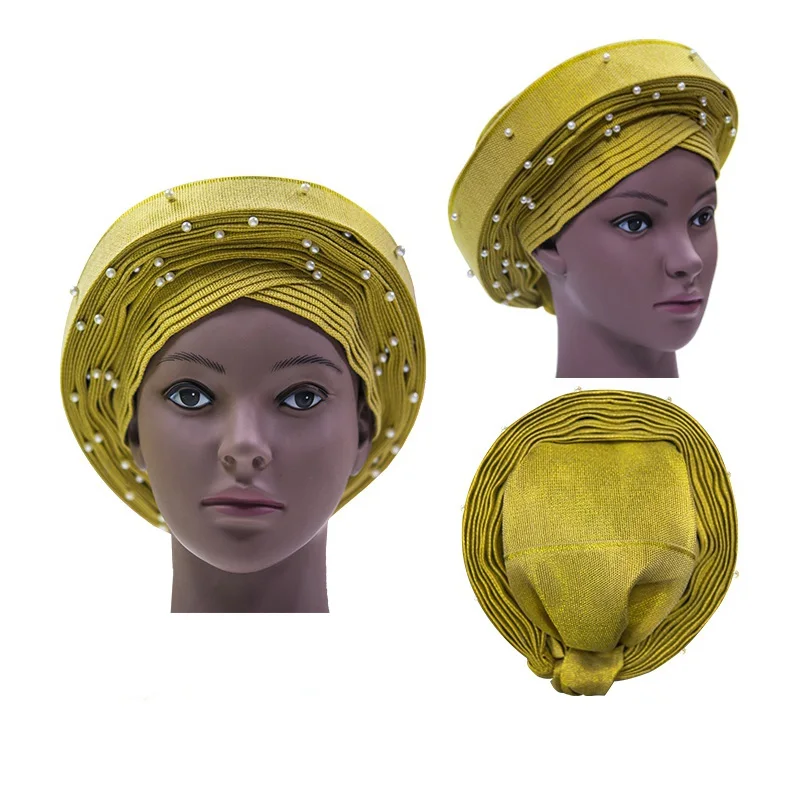 

2018 нигерийский головной убор gele с бусинами уже изготовленный автоматический тюрбан головной убор африканских aso ebi gele aso oke головной убор с б...
