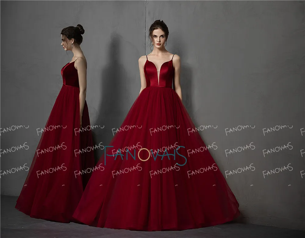 Burgundy Evening Dresses Long Straps V Neck Tulle Velvet A-Line Lace Up Back Evening Gown Prom Dress Robe de Soiree NE58