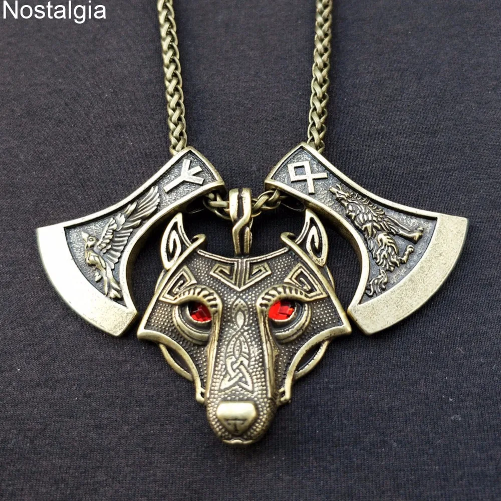 Ностальгия Goth Wolf и Raven гравировка на Славянском топор Perun Runes отала ALGIZ колье с