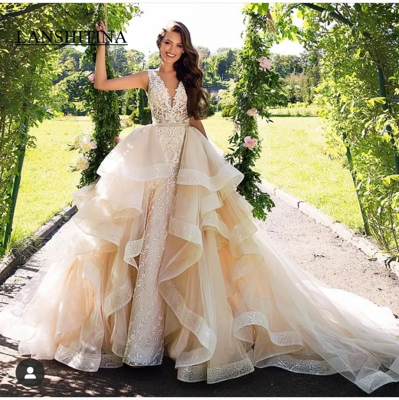 2019 Двойка Свадебные платья с Overskirts из кружева и органзы v образным вырезом
