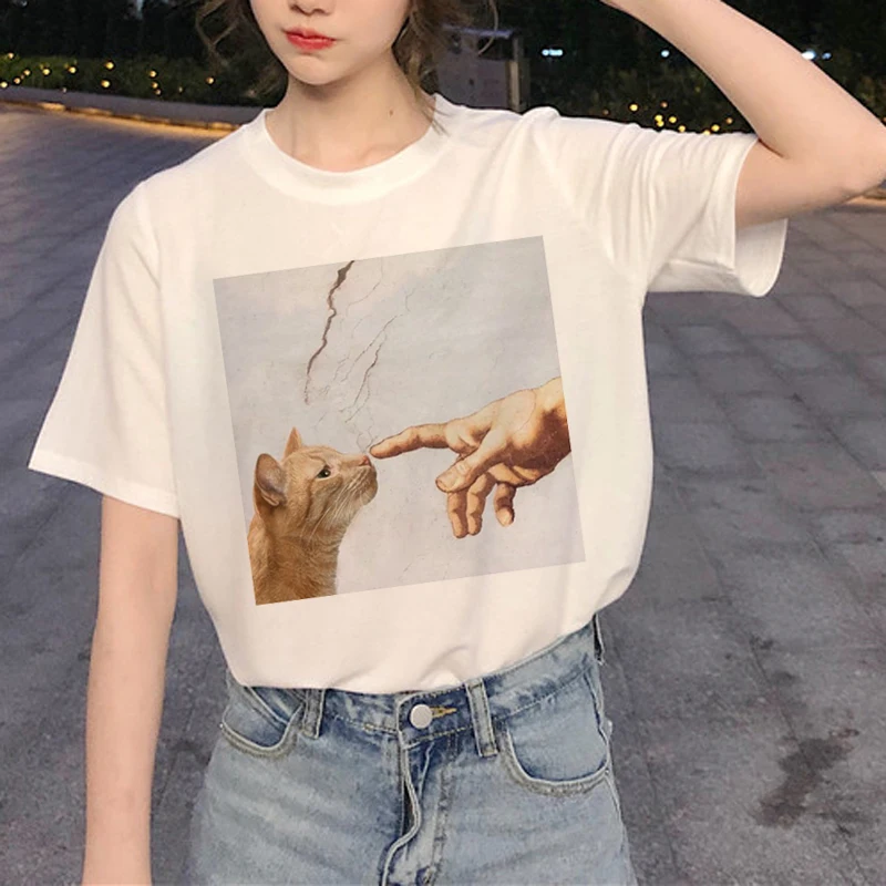 Kawaii Cat Graphic футболка Женская Harajuku Ullzang Милая футболка забавная мультяшная Эстетическая футболка 90s модные летние футболки женские - Цвет: 4183