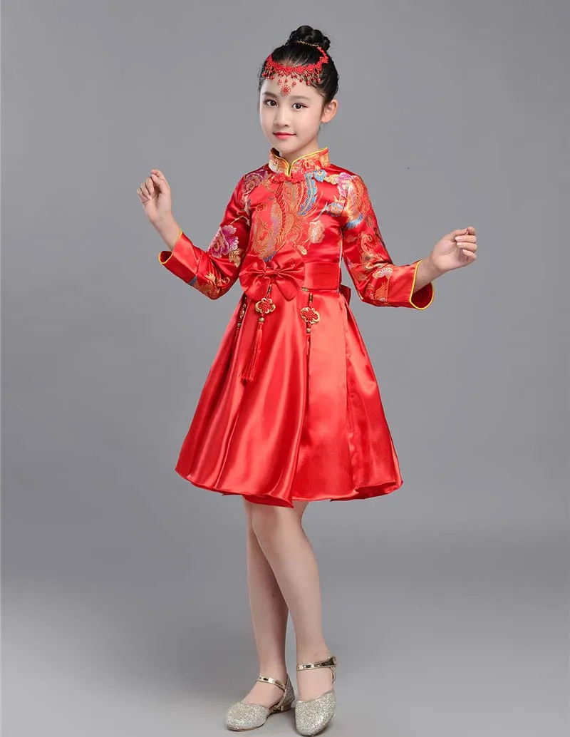 girl red 2 Китайское платье династии Тан для детей; традиционная китайская одежда; костюм; брюки для детей; Одежда для мальчиков и девочек - Цвет: girl red 2