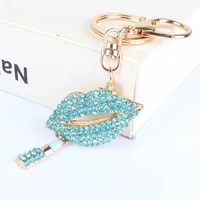 blue lip lipstick pendant charm rhinestone crystal keyring key chain accessories for handbag purse wedding party lover gift