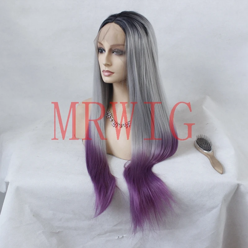MRWIG длинные прямые серый ombre парик glueless серый/темно-фиолетовый средняя часть