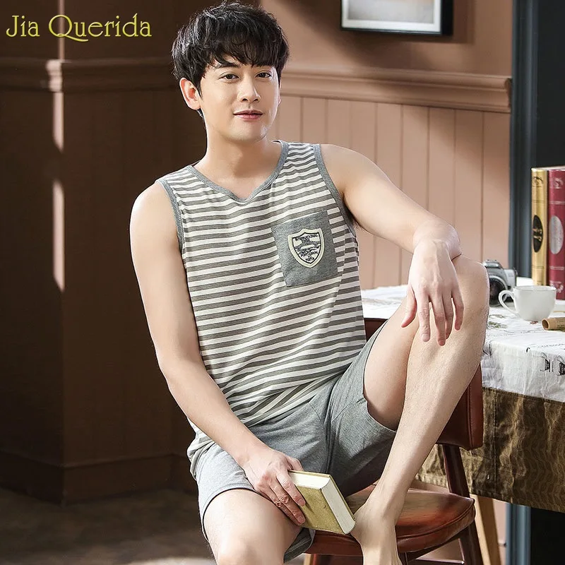 Мужская Хлопковая пижама без рукавов Повседневная полосатая в спортивном стиле