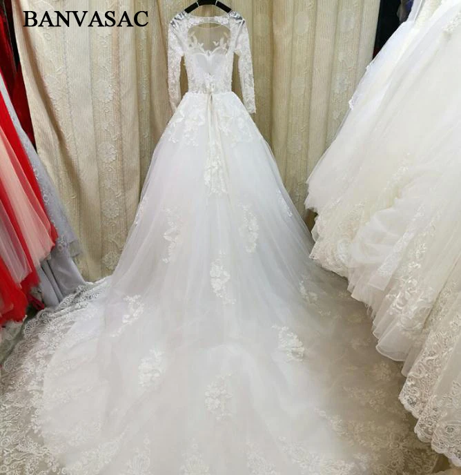 

BANVASAC 2017 новые элегантные свадебные платья с вышивкой и круглым вырезом кружевные атласные бальные платья с длинным рукавом