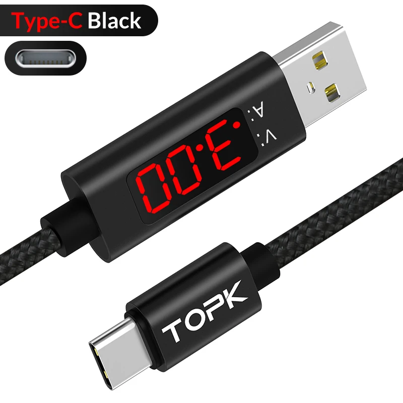 Black TOPK AC27 3A(Max) usb type C для samsung Xiaomi huawei Быстрая зарядка USB C с цифровым дисплеем кабель для мобильного телефона - Цвет: Black