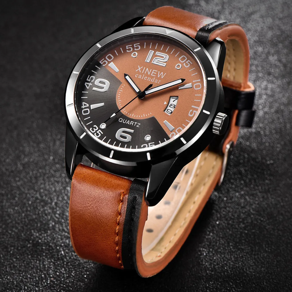 Горячая Распродажа брендовые роскошные часы XINEW мужские кожаные с календарем