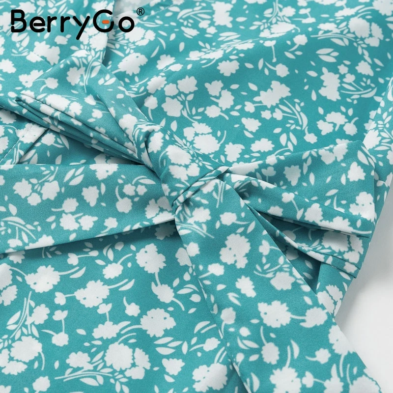 BerryGo Sexy V шеи печати wrap летнее платье женские Элегантный рюшами sash балахон длинное