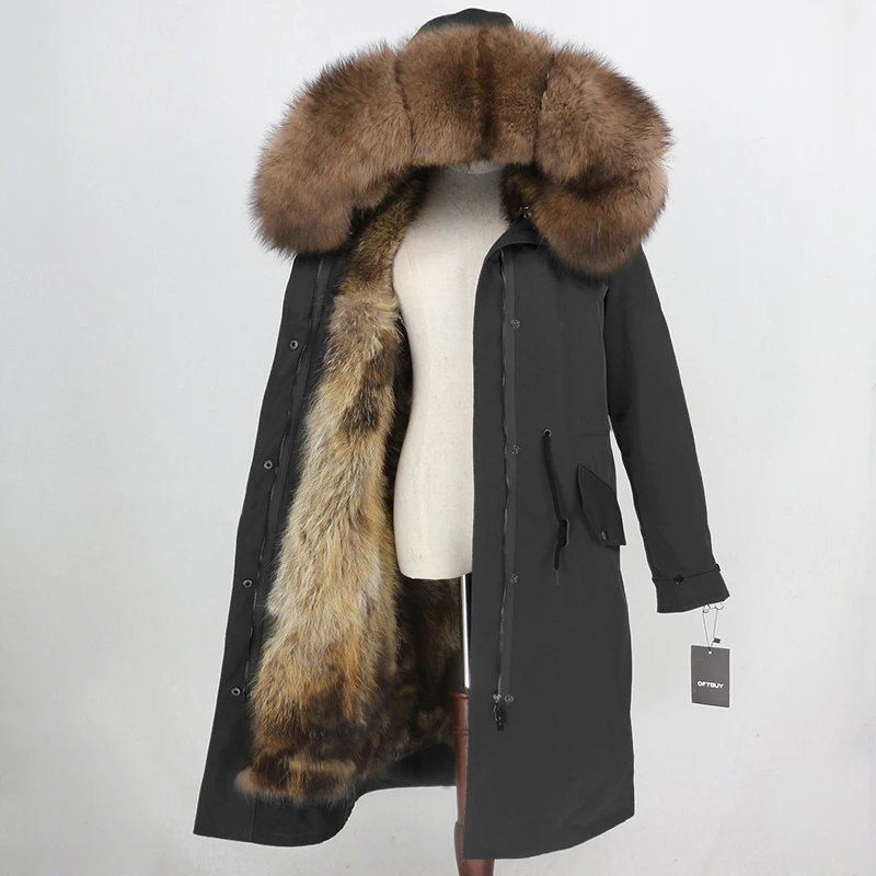 black dark brown OFTBUY X-long Parka, водонепроницаемая ткань, верхняя одежда, зимняя куртка для женщин, натуральный Лисий мех, капюшон, Лисий мех, подкладка, натуральный мех, пальто, съемный - Цвет: black dark brown